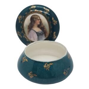 Vintage Portrait Lady Vanity Jar Blue Porcelain Trinket Dresser Box Gold Decor